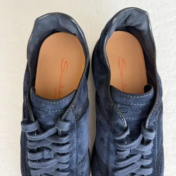 Size 7.5 - Santoni Men's Navy Cube Suede Low-Top Sneakers MADE IN ITALY - Picture 3 of 11
